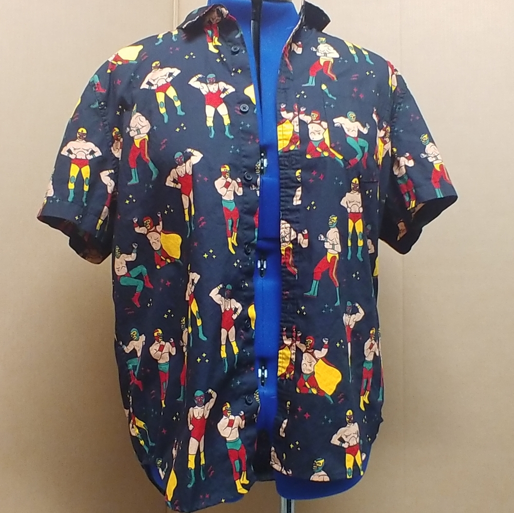 Men's button up casual short sleeve shirt LUCHA LIBRE Luchador wrestler XL